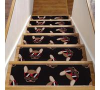 Eslifey Lot de 15 tapis d'escalier antidérapants pour marches en bois, motif bouledogue français, lunettes de soleil pour chiens, enfants, personnes âgées avec adhésif réutilisable - 76,2 x 20,3 cm