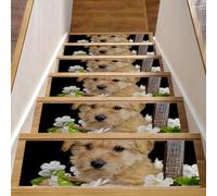 Eslifey Lot de 15 tapis d'escalier antidérapants pour marches en bois, pour enfants, personnes âgées et animaux domestiques avec adhésif réutilisable, fleur de gardénia avec chien 20,3 x 76,2 cm