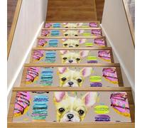 Eslifey Lot de 15 tapis d'escalier antidérapants pour marches en bois, pour enfants, personnes âgées et animaux domestiques avec adhésif réutilisable, bouledogue français, chiot - 20,3 x 76,2 cm
