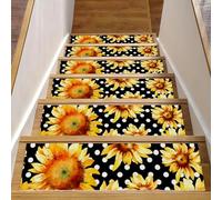 Eslifey Lot de 15 tapis d'escalier antidérapants pour marches en bois, pour enfants, personnes âgées et animaux domestiques avec adhésif réutilisable, motif tournesols à pois aquarelle, 20,3 x 76,2 cm