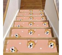 Eslifey Lot de 15 tapis d'escalier antidérapants pour marches en bois, pour enfants, personnes âgées et animaux de compagnie avec adhésif réutilisable, motif chien corgi sur orange clair, 20,3 x 76,2