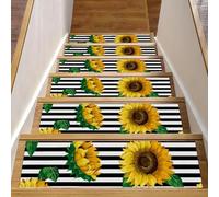 Eslifey Lot de 15 tapis d'escalier antidérapants pour marches en bois, pour enfants, personnes âgées et animaux domestiques avec adhésif réutilisable, tournesol avec rayures et fleurs jaunes (20,3 x