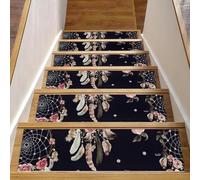 Eslifey Lot de 15 tapis d'escalier antidérapants pour marches en bois, pour enfants, personnes âgées et animaux domestiques avec adhésif réutilisable, attrape-rêves ethniques et fleurs - 20,3 x 76,2