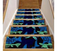 Eslifey Lot de 15 tapis d'escalier antidérapants pour marches en bois, pour enfants, personnes âgées et animaux domestiques avec adhésif réutilisable, motif abstrait d'animaux marins et requins 20,3 x