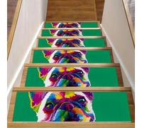 Eslifey Lot de 15 tapis d'escalier antidérapants pour marches en bois, pour enfants, personnes âgées et animaux domestiques avec adhésif réutilisable, bouledogue français coloré, 20,3 x 76,2 cm