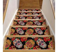 Eslifey Lot de 15 tapis d'escalier antidérapants pour marches en bois, pour enfants, personnes âgées et animaux domestiques avec adhésif réutilisable, tête de mort mexicaine avec rose Jour des morts
