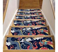 Eslifey Lot de 15 tapis d'escalier antidérapants pour marches en bois, pour enfants, personnes âgées et animaux domestiques avec adhésif réutilisable, mythes chinois, légendes, dragon, rouge, bleu