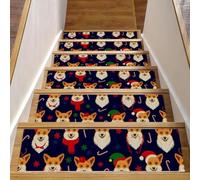 Eslifey Lot de 15 tapis d'escalier antidérapants pour marches en bois, pour enfants, personnes âgées et animaux domestiques avec adhésif réutilisable, joli chien avec chapeau de Noël (20,3 x 76,2 cm)