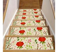 Eslifey Lot de 15 tapis d'escalier antidérapants pour marches en bois, pour enfants, personnes âgées et animaux domestiques avec adhésif réutilisable, fleurs sauvages, coquelicots rouges (20,3 x 76,2