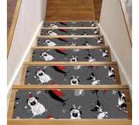 Eslifey Lot de 15 tapis d'escalier antidérapants pour marches en bois, pour enfants, personnes âgées et animaux domestiques avec adhésif réutilisable, motif chien mignon gris avec chapeau de Noël