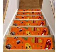 Eslifey Lot de 15 tapis d'escalier antidérapants pour marches en bois, pour enfants, personnes âgées et animaux domestiques avec adhésif réutilisable, orange tribal d'Afrique indienne, 20,3 x 76,2 cm