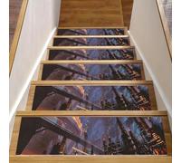 Eslifey Lot de 15 tapis d'escalier antidérapants pour marches en bois, tapis d'escalier pour enfants et animaux domestiques avec adhésif réutilisable, paysage de science-fiction de bâtiments urbains