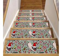 Eslifey Lot de 15 tapis d'escalier antidérapants pour marches en bois, tapis d'escalier pour enfants, personnes âgées et animaux domestiques avec adhésif réutilisable, motif chien carlin, joyeux Noël