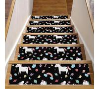 Eslifey Lot de 15 tapis d'escalier antidérapants pour marches en bois, tapis d'escalier pour enfants, personnes âgées et animaux domestiques avec adhésif réutilisable, motif de rêves de licorne mignon