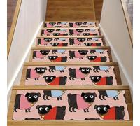 Eslifey Lot de 15 tapis d'escalier antidérapants pour marches en bois, tapis d'escalier pour enfants, personnes âgées et animaux domestiques avec adhésif réutilisable, motif chien mignon coloré carlin