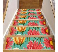 Eslifey Lot de 15 tapis d'escalier antidérapants pour marches en bois, tapis d'escalier pour enfants, personnes âgées et animaux domestiques avec adhésif réutilisable, motif fleurs colorées 20,3 x