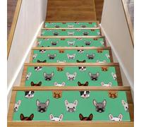 Eslifey Lot de 15 tapis d'escalier antidérapants pour marches en bois, tapis d'escalier pour enfants, personnes âgées et animaux domestiques avec adhésif réutilisable, motif bouledogue français mignon