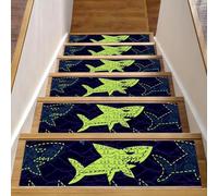 Eslifey Lot de 15 tapis d'escalier antidérapants pour marches en bois, tapis d'escalier pour enfants, personnes âgées et animaux domestiques avec adhésif réutilisable, requins sous-marins, 20,3 x 76,2