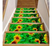 Eslifey Lot de 15 tapis d'escalier d'intérieur antidérapants pour marches en bois avec adhésif réutilisable - Motif fleurs de tournesol jaunes et vertes - 76,2 x 20,3 cm