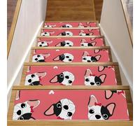 Eslifey Lot de 15 tapis d'escalier d'intérieur antidérapants pour marches en bois, motif bouledogue français, cœur, 76,2 x 20,3 cm, avec adhésif réutilisable