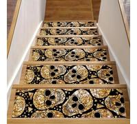 Eslifey Lot de 15 tapis d'escalier d'intérieur antidérapants pour marches en bois, motif tête de mort, triangles, jour des morts, 76,2 x 20,3 cm, avec adhésif réutilisable