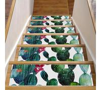 Eslifey Lot de 15 tapis d'escalier d'intérieur antidérapants pour marches en bois, plantes vertes, cactus et fleurs, 76,2 x 20,3 cm, avec adhésif réutilisable