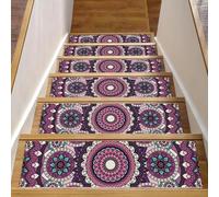 Eslifey Lot de 15 tapis d'escalier ronds antidérapants pour marches en bois, 76,2 x 20,3 cm, motif floral mandala, violet, avec adhésif réutilisable