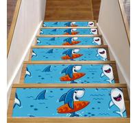 Eslifey Lot de 15 tapis d'escalier sous-marins antidérapants pour marches en bois, motif requins, poissons, corail, 76,2 x 20,3 cm, avec adhésif réutilisable