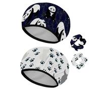 Eslifey Lot de 2 bonnets de douche réutilisables avec chouchous pour femme, bonnet de bain élastique imperméable pour cheveux longs, motif panda mignon en bambou bleu