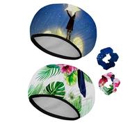 Eslifey Lot de 2 bonnets de douche réutilisables avec chouchous pour femme, bonnet de bain élastique imperméable pour cheveux longs, jeune garçon debout avec planètes lumineuses tenant une étoile ciel