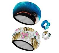 Eslifey Lot de 2 bonnets de douche réutilisables avec chouchous pour femme, bonnet de bain élastique imperméable pour cheveux longs, garçon tiré gros bulbe à moitié enterré ciel nocturne étoiles