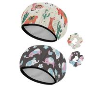 Eslifey Lot de 2 bonnets de douche réutilisables avec chouchous pour femme, bonnet de bain élastique imperméable pour cheveux longs, motif Happy Lama Lovely Flowers et cactus alpaga