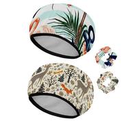 Eslifey Lot de 2 bonnets de douche réutilisables avec chouchous pour femme, bonnet de bain élastique imperméable pour cheveux longs, motif feuilles de palmier tropicales, ancre, flamant rose, hibiscus