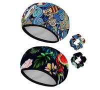 Eslifey Lot de 2 bonnets de douche réutilisables avec chouchous pour femmes, bonnet de bain élastique imperméable pour cheveux longs, motif de roue ondulée de style marin dessin animé
