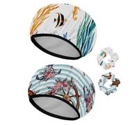 Eslifey Lot de 2 bonnets de douche réutilisables avec chouchous pour femmes, bonnet de bain élastique imperméable pour cheveux longs, tortue de mer, hippocampe, poisson, ancre de corail
