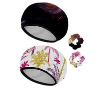 Eslifey Lot de 2 bonnets de douche réutilisables avec chouchous pour femmes, bonnet de bain élastique imperméable pour cheveux longs, trou noir dans l'image de l'espace