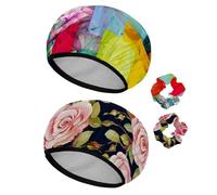 Eslifey Lot de 2 bonnets de douche réutilisables avec chouchous pour femmes, bonnet de bain élastique imperméable pour cheveux longs, halcyon oiseau avec fleurs