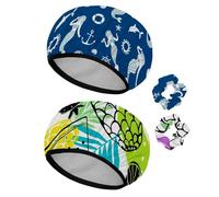 Eslifey Lot de 2 bonnets de douche réutilisables avec chouchous pour femmes, bonnet de bain élastique imperméable pour cheveux longs, motif sirènes, roues, coquillages, ancre, poisson