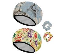 Eslifey Lot de 2 bonnets de douche réutilisables avec chouchous pour femmes, bonnet de bain élastique imperméable pour cheveux longs, carte de mer, boussole, ancre