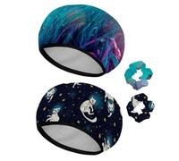 Eslifey Lot de 2 bonnets de douche réutilisables avec chouchous pour femmes, bonnet de bain élastique imperméable pour cheveux longs, papillon, herbe, prairie, nuit, brillant au clair de lune magique