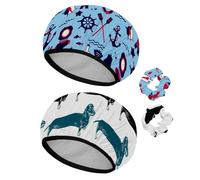 Eslifey Lot de 2 bonnets de douche réutilisables avec chouchous pour femmes, bonnet de bain élastique imperméable pour cheveux longs, motif abstrait, voile, nautique, voyage, icônes