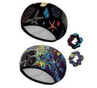 Eslifey Lot de 2 bonnets de douche réutilisables avec chouchous pour femmes, bonnet de bain élastique imperméable pour cheveux longs, bleu rouge, hippocampe, étoiles, conque