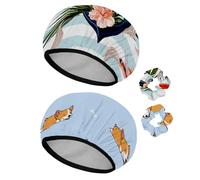 Eslifey Lot de 2 bonnets de douche réutilisables avec chouchous pour femmes, bonnet de bain élastique imperméable pour cheveux longs, koï, ancre de poisson, hibiscus, feuilles de palmier, rayures