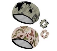 Eslifey Lot de 2 bonnets de douche réutilisables avec chouchous pour femmes, bonnet de bain élastique imperméable pour cheveux longs, carte du monde et roue de marque de tête
