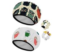 Eslifey Lot de 2 bonnets de douche réutilisables avec chouchous pour femmes, bonnet de bain élastique imperméable pour cheveux longs, motif animal mignon, oiseau coloré, hiboux, grands yeux