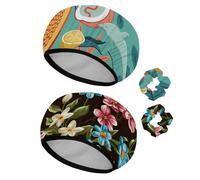 Eslifey Lot de 2 bonnets de douche réutilisables avec chouchous pour femmes, bonnet de bain élastique imperméable pour cheveux longs, couleur naturelle, noix de coco, papaye, dauphin, feuilles