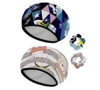 Eslifey Lot de 2 bonnets de douche réutilisables avec chouchous pour femmes, bonnet de bain élastique imperméable pour cheveux longs, extraterrestres de l'espace OVNI étoiles triangle