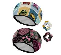 Eslifey Lot de 2 bonnets de douche réutilisables avec chouchous pour femmes, bonnet de bain élastique imperméable pour cheveux longs, motif icônes de voiture