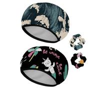 Eslifey Lot de 2 bonnets de douche réutilisables avec chouchous pour femmes, bonnet de bain élastique imperméable pour cheveux longs, motif océan, vagues, vent, tempête, surf, eau