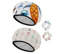 Eslifey Lot de 2 bonnets de douche réutilisables avec chouchous pour femmes, bonnet de bain élastique imperméable pour cheveux longs, tortue de mer, ancre, crabe, étoile de mer